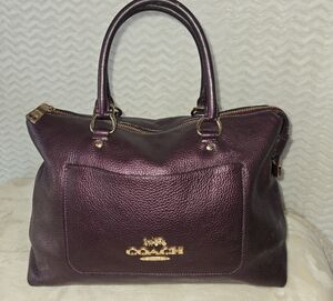 Coach Deep Purple Metalic Leather Satchel With Crossbody Strap And Dust Bag